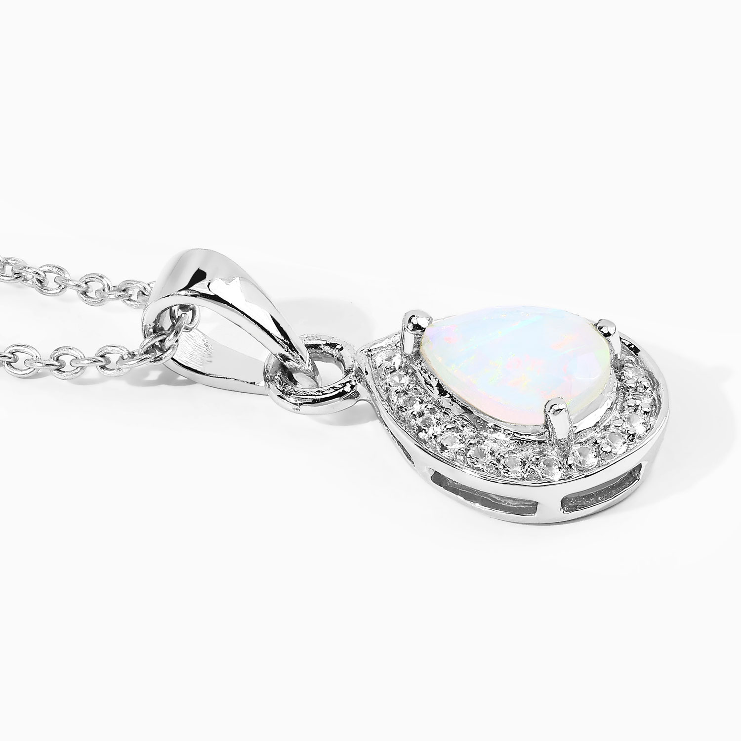 0.53 Carat Genuine Ethiopian Opal and Created White Sapphire .925 Sterling Silver Pendant