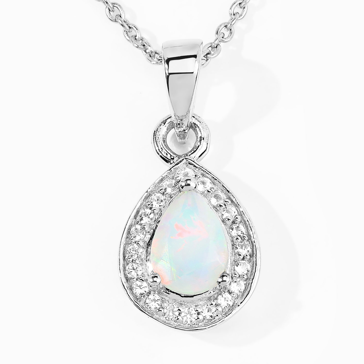 0.53 Carat Genuine Ethiopian Opal and Created White Sapphire .925 Sterling Silver Pendant
