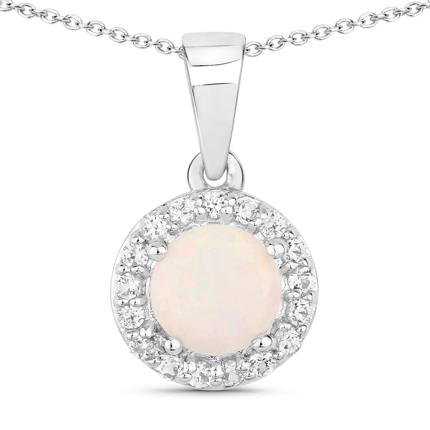 0.84 Carat Genuine Ethiopian Opal and Created White Sapphire .925 Sterling Silver Pendant