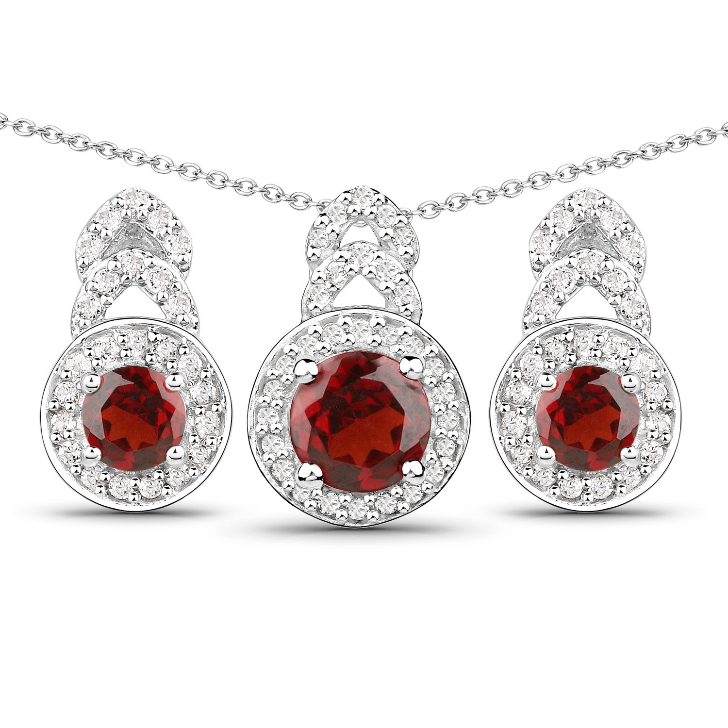 3.20 Carat Genuine Garnet and White Topaz .925 Sterling Silver 3 Piece Jewelry Set (Ring, Earrings, and Pendant w/ Chain)