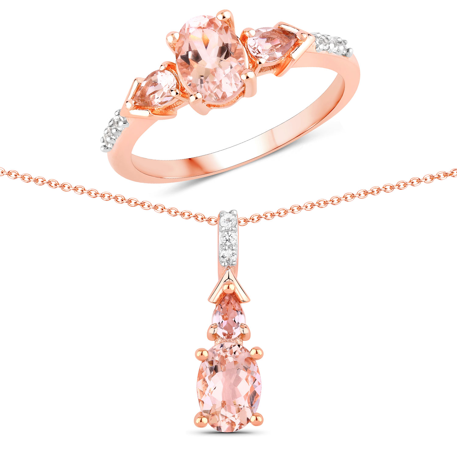 1.72 Carat Genuine Morganite and Created Sapphire .925 Sterling Silver Jewelry Set