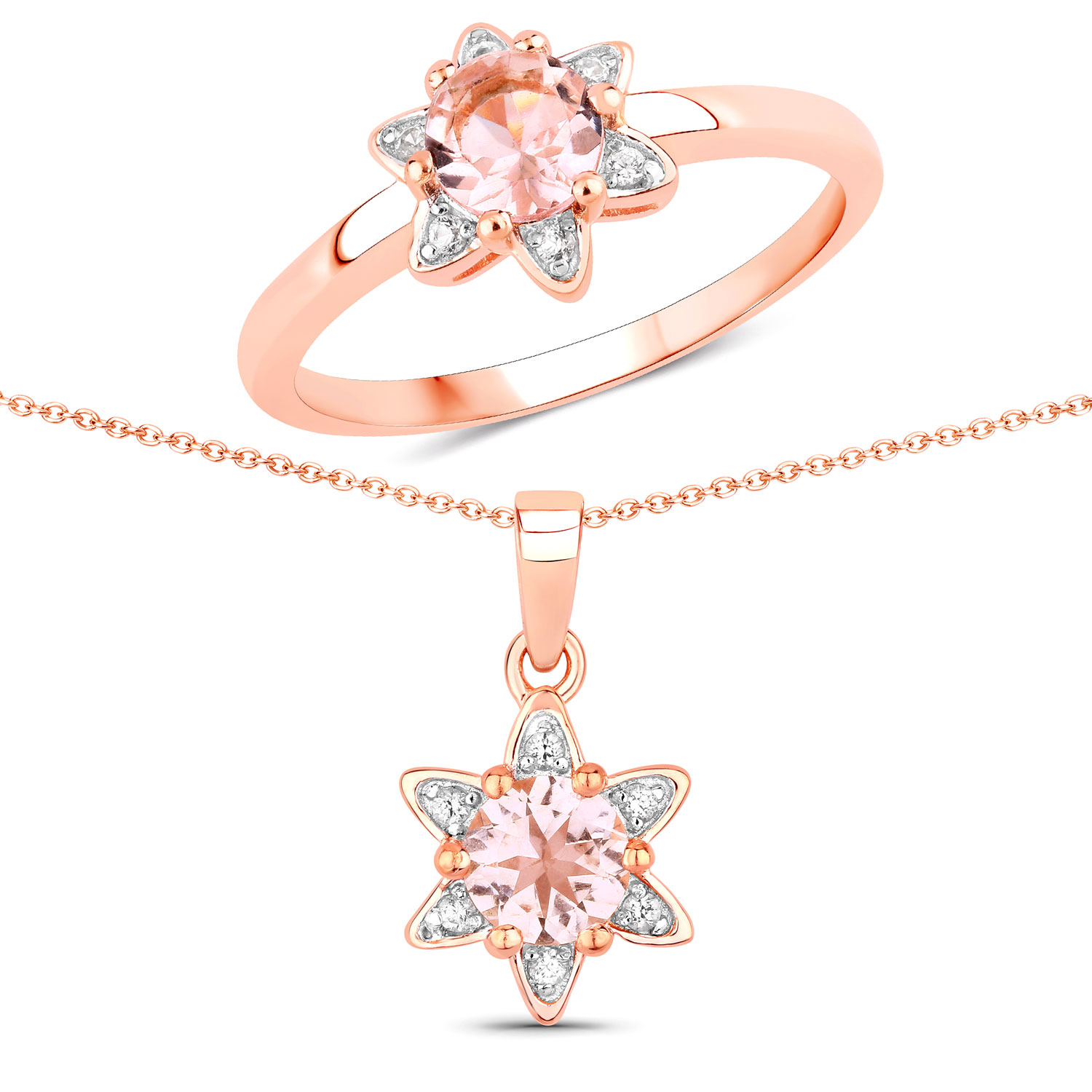 0.92 Carat Genuine Morganite and Created Sapphire .925 Sterling Silver Jewelry Set