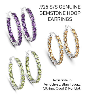.925 Serling Silver Genuine Gemstones Hoop Earrings