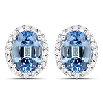 2.00 ctw. Genuine Blue Sapphire and 0.16 ctw. White Diamond Halo Earrings in 14K White Gold