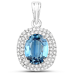 2.30 ctw. Genuine Blue Sapphire and 0.32 ctw. White Diamond Halo Pendant in 14K White Gold