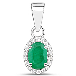 0.44 ctw. Genuine Emerald and 0.09 ctw. White Diamond Halo Pendant in 14K White Gold