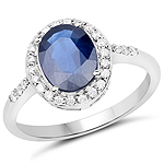 2.20 ctw. Genuine Blue Sapphire and 0.27 ctw. White Diamond Halo Ring in 14K White Gold