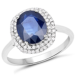 2.20 ctw. Genuine Blue Sapphire and 0.32 ctw. White Diamond Halo Ring in 14K White Gold