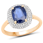 2.20 ctw. Genuine Blue Sapphire and 0.32 ctw. White Diamond Halo Ring in 14K Yellow Gold