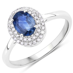 14K White Gold Blue Sapphire and Round White Diamond Ring 0.75 ctw