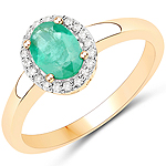 0.72 ctw. Genuine Emerald and 0.10 ctw. White Diamond Halo Ring in 18K Yellow Gold