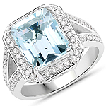 4.82 ctw. Genuine Aquamarine and 0.51 ctw. White Diamond Halo Ring in 14K White Gold