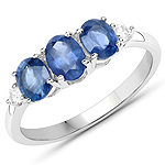 1.16 ctw. Genuine Blue Sapphire and 0.10 ctw. White Diamond 3-Stone Ring in 14K White Gold