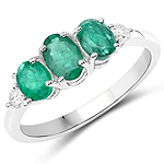 1.04 ctw. Genuine Emerald and 0.10 ctw. White Diamond 3-Stone Ring in 14K White Gold