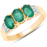 1.32 ctw. Genuine Emerald and 0.10 ctw. White Diamond 3-Stone Ring in 14K Yellow Gold