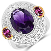 5.58 Carat Genuine Amethyst, Rhodolite and White Diamond 14K Yellow Gold with .925 Sterling Silver Ring