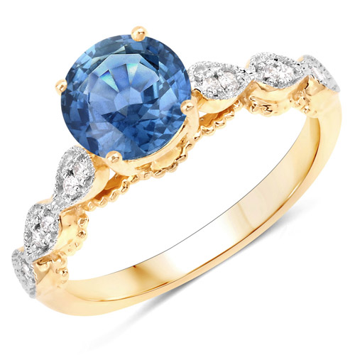 Sapphire-1.27 Carat Genuine Blue Sapphire and White Diamond 14K Yellow Gold Ring