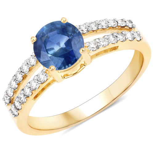 Sapphire-1.29 Carat Genuine Blue Sapphire and White Diamond 14K Yellow Gold Ring