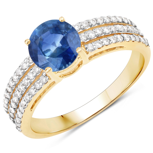 Sapphire-1.36 Carat Genuine Blue Sapphire and White Diamond 14K Yellow Gold Ring