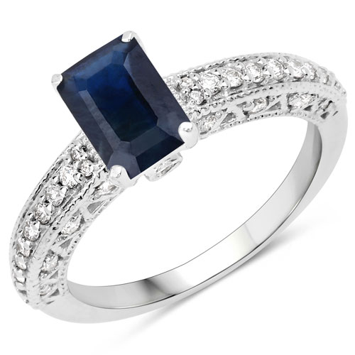 Sapphire-1.55 Carat Genuine Blue Sapphire and White Diamond 14K White Gold Ring (I Color, SI Clarity)