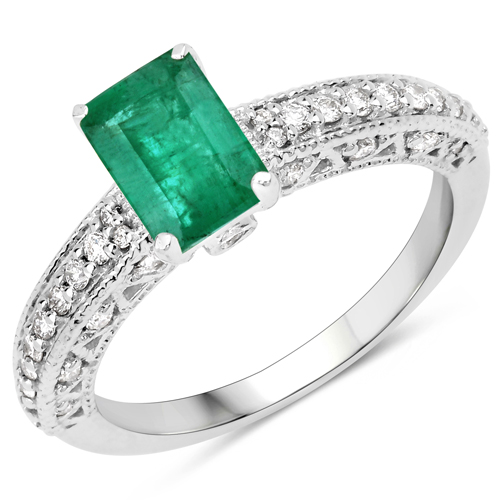 Emerald-1.42 Carat Genuine Emerald and White Diamond 14K White Gold Ring