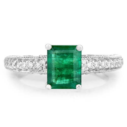 1.42 Carat Genuine Emerald and White Diamond 14K White Gold Ring