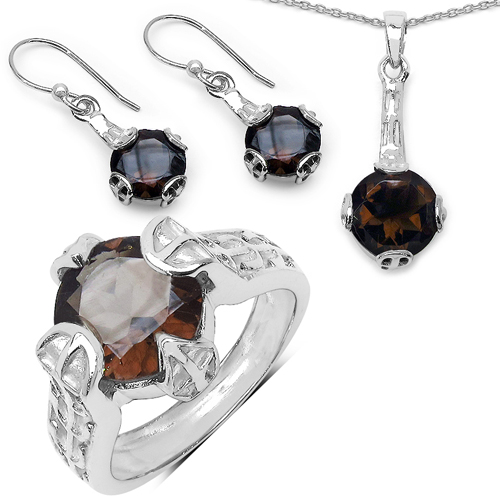 Jewelry Sets-11.02 Carat Genuine Smoky Quartz .925 Sterling Silver Ring, Pendant and Earrings Set