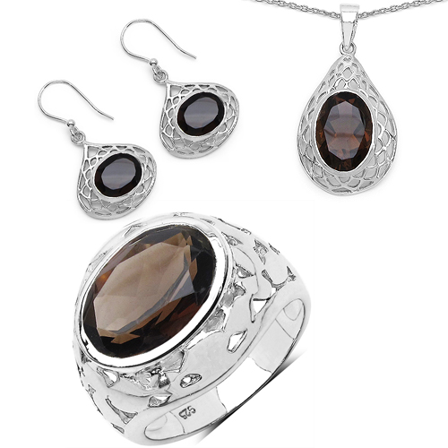 Jewelry Sets-16.90 Carat Genuine Smoky Quartz .925 Sterling Silver Ring, Pendant and Earrings Set
