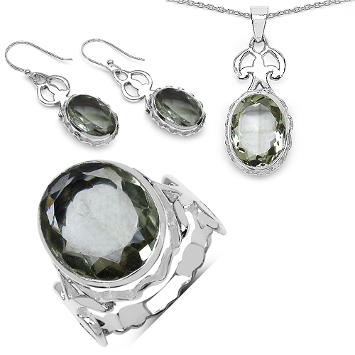 Amethyst-27.00 Carat Genuine Amethyst .925 Sterling Silver Ring, Pendant and Earrings Set