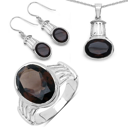 Jewelry Sets-16.90 Carat Genuine Smoky Quartz .925 Sterling Silver Ring, Pendant and Earrings Set