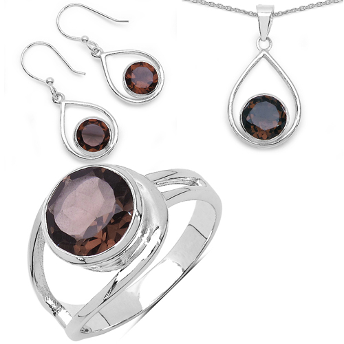 Jewelry Sets-9.70 Carat Genuine Smoky Quartz .925 Sterling Silver Ring, Pendant and Earrings Set