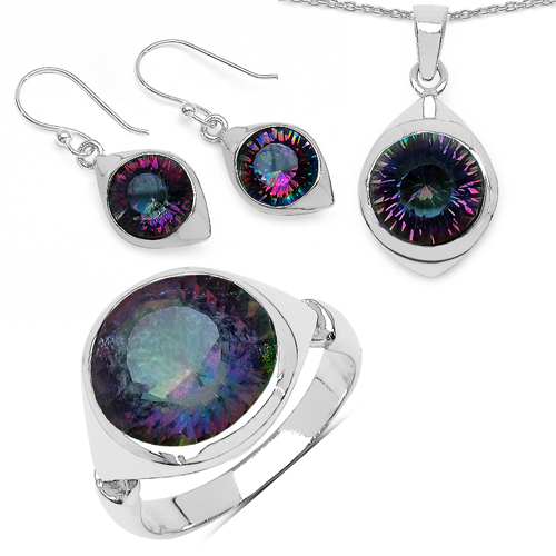 Mystic Topaz-19.94 Carat Genuine Mystic Topaz .925 Sterling Silver Ring, Pendant and Earrings Set