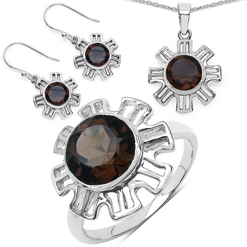 Jewelry Sets-9.45 Carat Genuine Smoky Quartz .925 Sterling Silver Ring, Pendant and Earrings Set