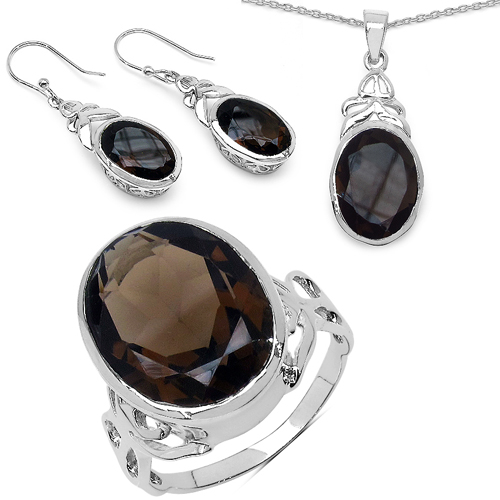 Jewelry Sets-26.52 Carat Genuine Smoky Quartz .925 Sterling Silver Ring, Pendant and Earrings Set