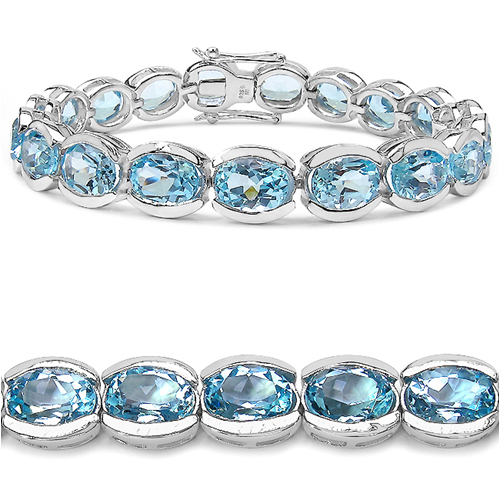 Bracelets-47.50 Carat Genuine Blue Topaz .925 Sterling Silver Bracelet Bracelet
