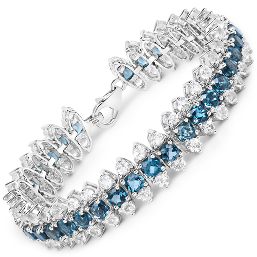 Bracelets-22.32 Carat Genuine London Blue Topaz and White Topaz .925 Sterling Silver Bracelet