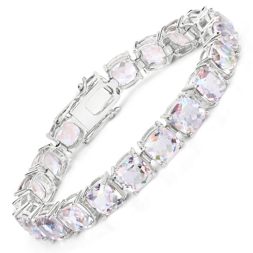 Bracelets-40.00 Carat Genuine Opal Rainbow Quartz .925 Sterling Silver Bracelet