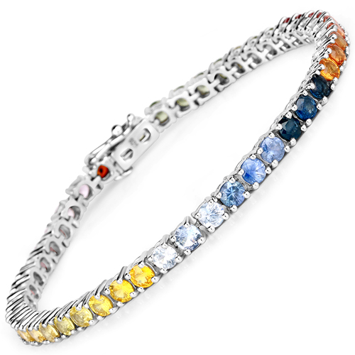 Bracelets-8.28 Carat Genuine Multi Sapphire .925 Sterling Silver Bracelet