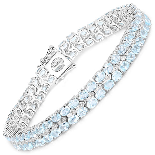 Bracelets-17.22 Carat Genuine Blue Topaz and White Diamond .925 Sterling Silver Bracelet