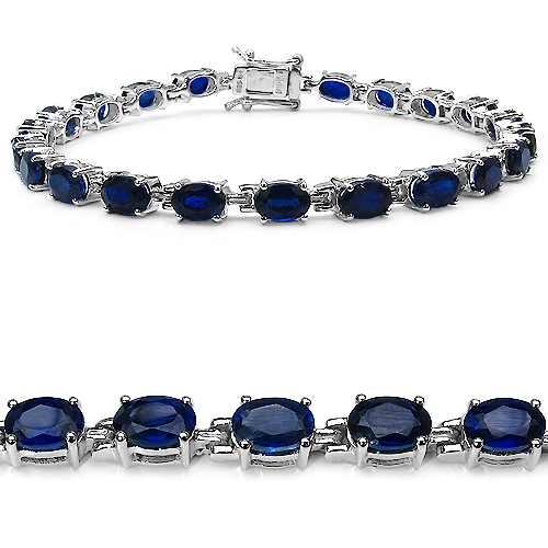 Bracelets-14.70 Carat Created Blue Sapphire .925 Sterling Silver Bracelet