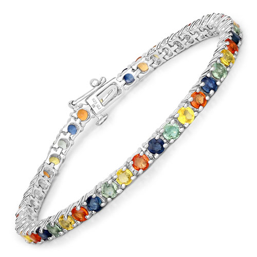 Bracelets-8.36 Carat Genuine Multi Sapphire .925 Sterling Silver Bracelet