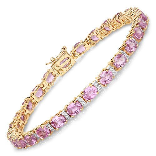 Bracelets-12.72 Carat Genuine Pink Sapphire and White Diamond 14K Yellow Gold Bracelet