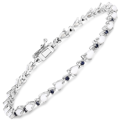 Bracelets-3.52 Carat Genuine Opal and Blue Sapphire .925 Sterling Silver Bracelet