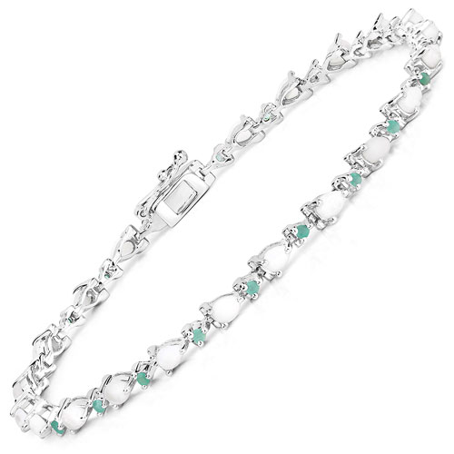 Bracelets-3.48 Carat Genuine Opal and Emerald .925 Sterling Silver Bracelet