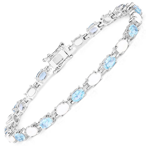 Bracelets-9.02 Carat Genuine Opal and Blue Topaz .925 Sterling Silver Bracelet
