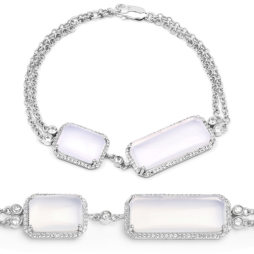 Bracelets-14.45 Carat Genuine White Agate and White Topaz .925 Sterling Silver Bracelet