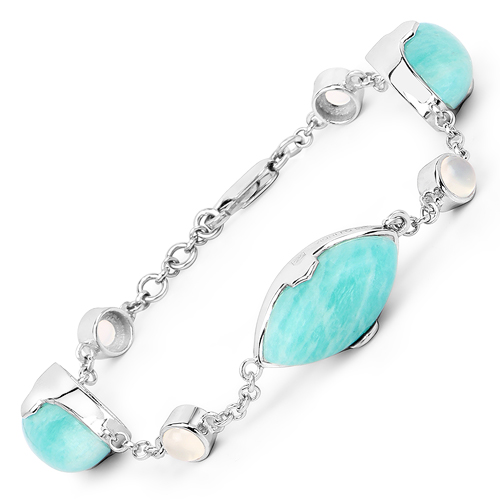 29.70 Carat Genuine Amazonite and White Agate .925 Sterling Silver Bracelet