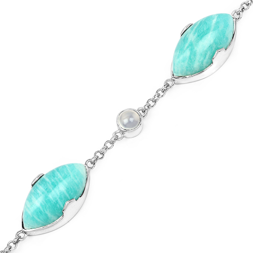29.70 Carat Genuine Amazonite and White Agate .925 Sterling Silver Bracelet