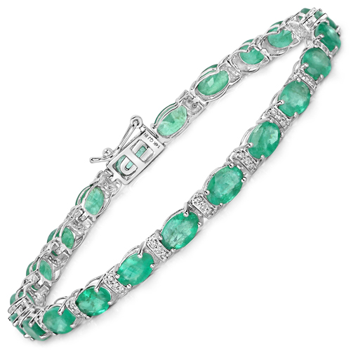 Bracelets-9.94 Carat Genuine Zambian Emerald and White Diamond 14K White Gold Bracelet