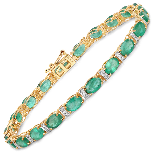 Bracelets-9.94 Carat Genuine Zambian Emerald and White Diamond 14K Yellow Gold Bracelet